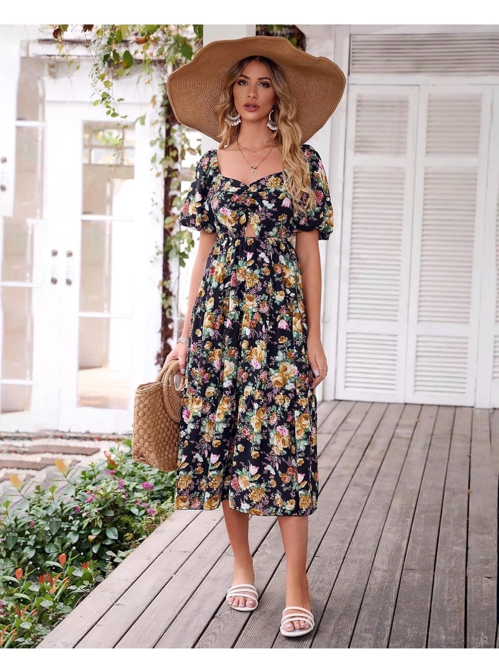 Black Floral Puff-Sleeve Midi Dress with Yellow & Pink Blooms